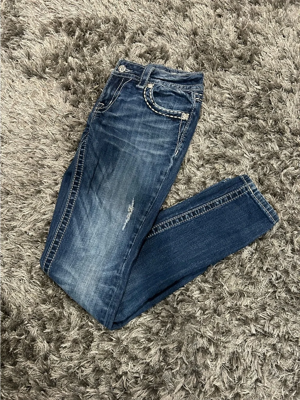 Miss Me Women's Dark Blue Skinny Jeans with Embroidered Peace Sign Pockets sz.28